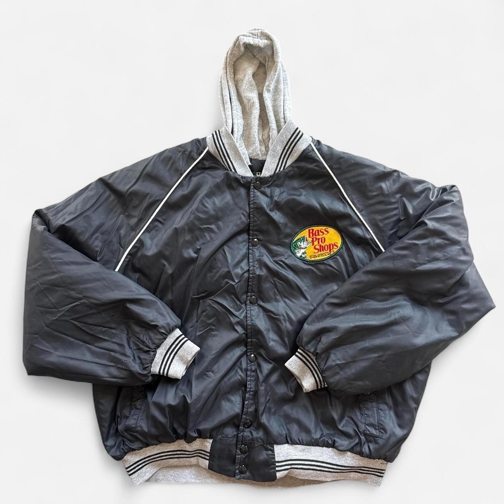 Vintage 90s Bass Pro Shops black hooded bomber jacket, made in USA, size XL